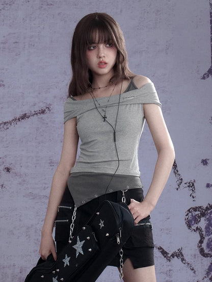 Twisted Off Shoulder Faux Layered Ribbed Tops【s0000013109】