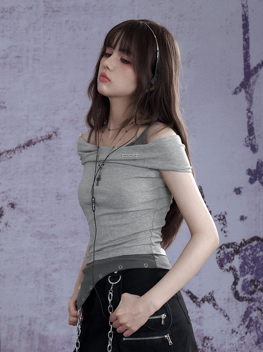 Twisted Off Shoulder Faux Layered Ribbed Tops【s0000013109】