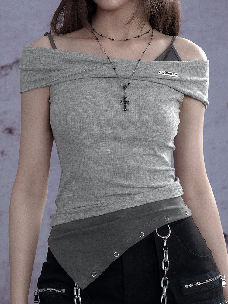 Twisted Off Shoulder Faux Layered Ribbed Tops【s0000013109】
