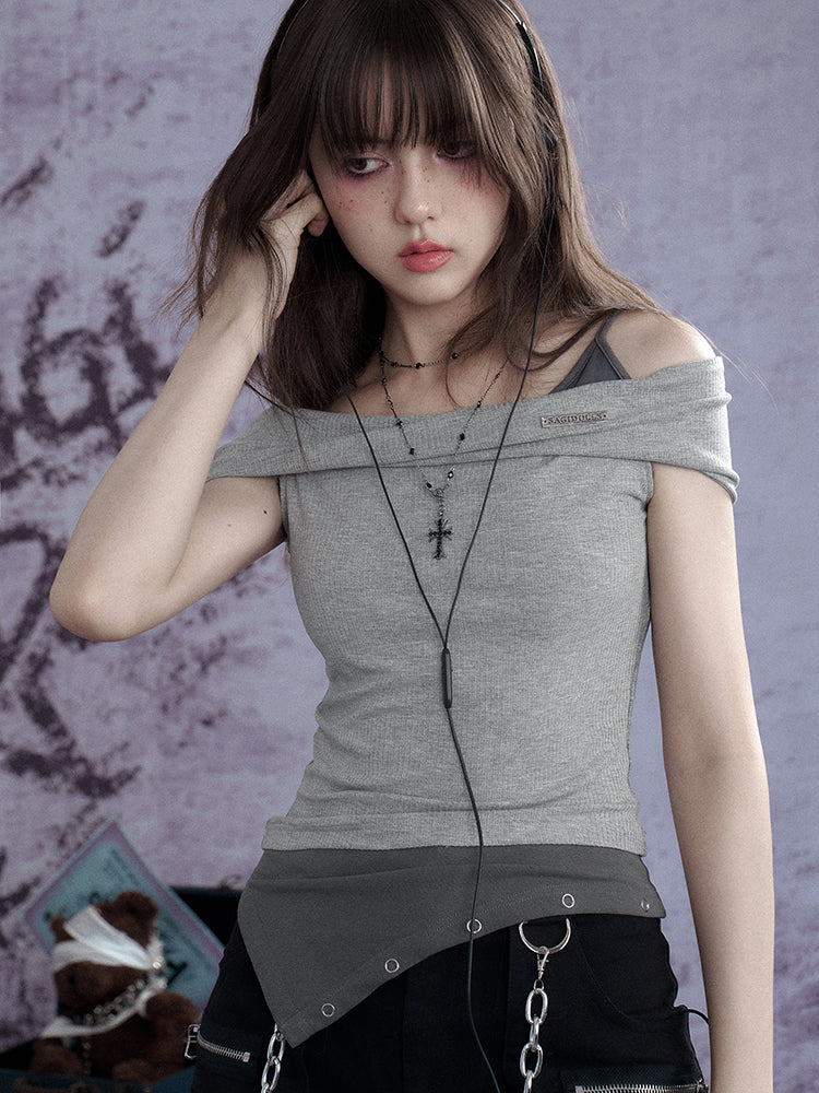 Twisted Off Shoulder Faux Layered Ribbed Tops【s0000013109】