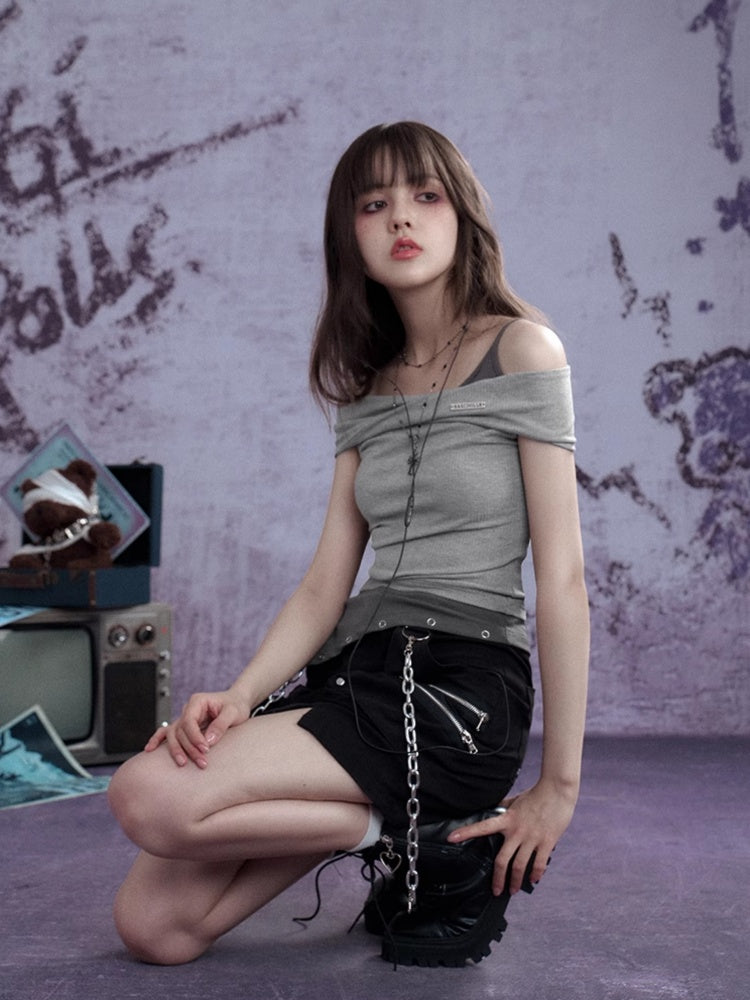 Twisted Off Shoulder Faux Layered Ribbed Tops【s0000013109】