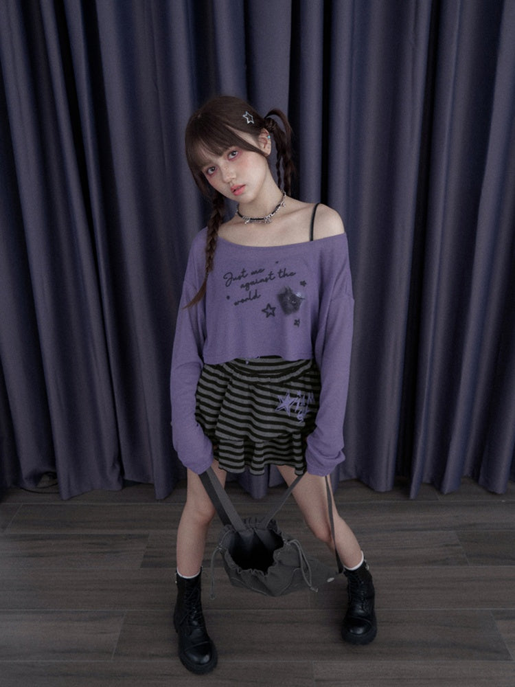 Black Cat & Star Cropped Tops【s0000013114】