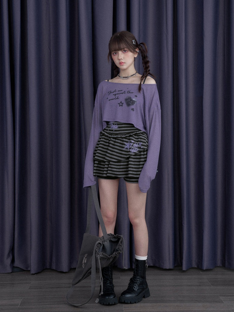 Black Cat & Star Cropped Tops【s0000013114】