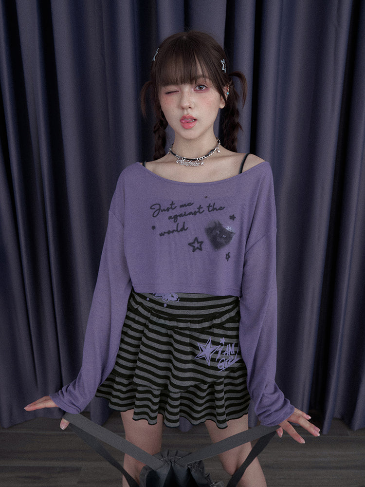Black Cat & Star Cropped Tops【s0000013114】