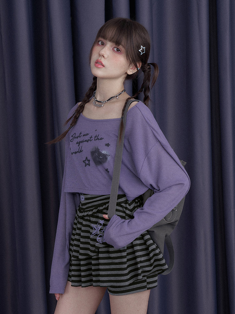 Black Cat & Star Cropped Tops【s0000013114】