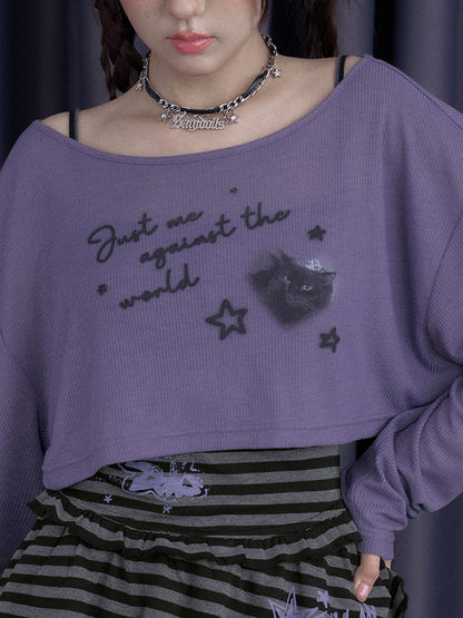 Black Cat & Star Cropped Tops【s0000013114】