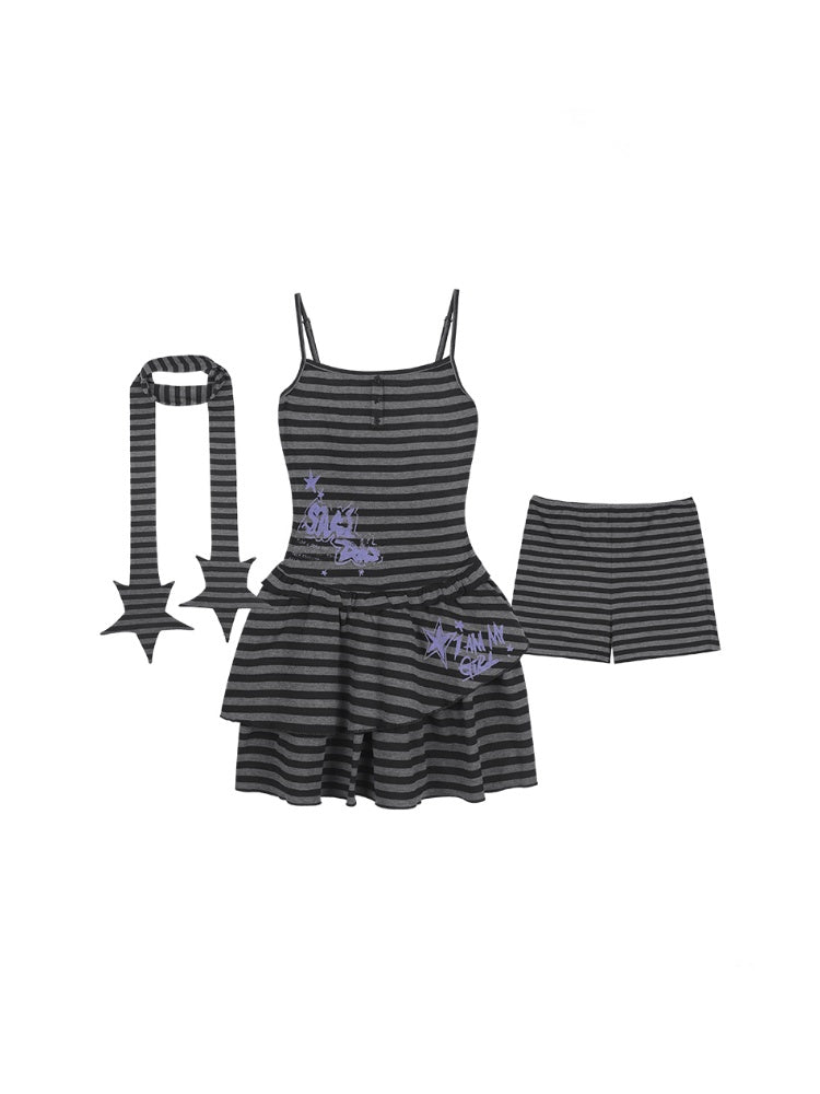 Striped Dress Shorts Scarf Three-Piece Set【s0000013115】