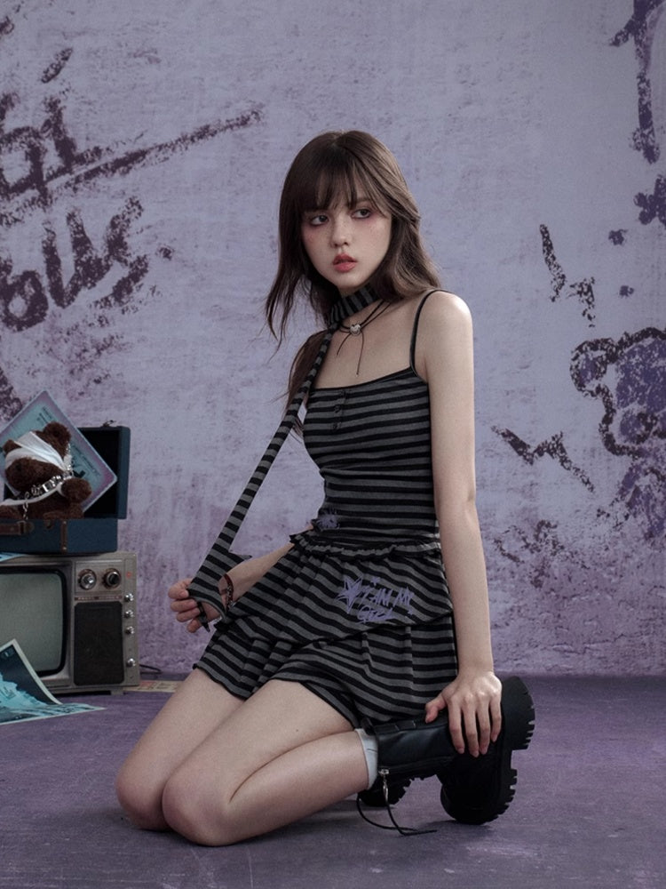 Striped Dress Shorts Scarf Three-Piece Set【s0000013115】