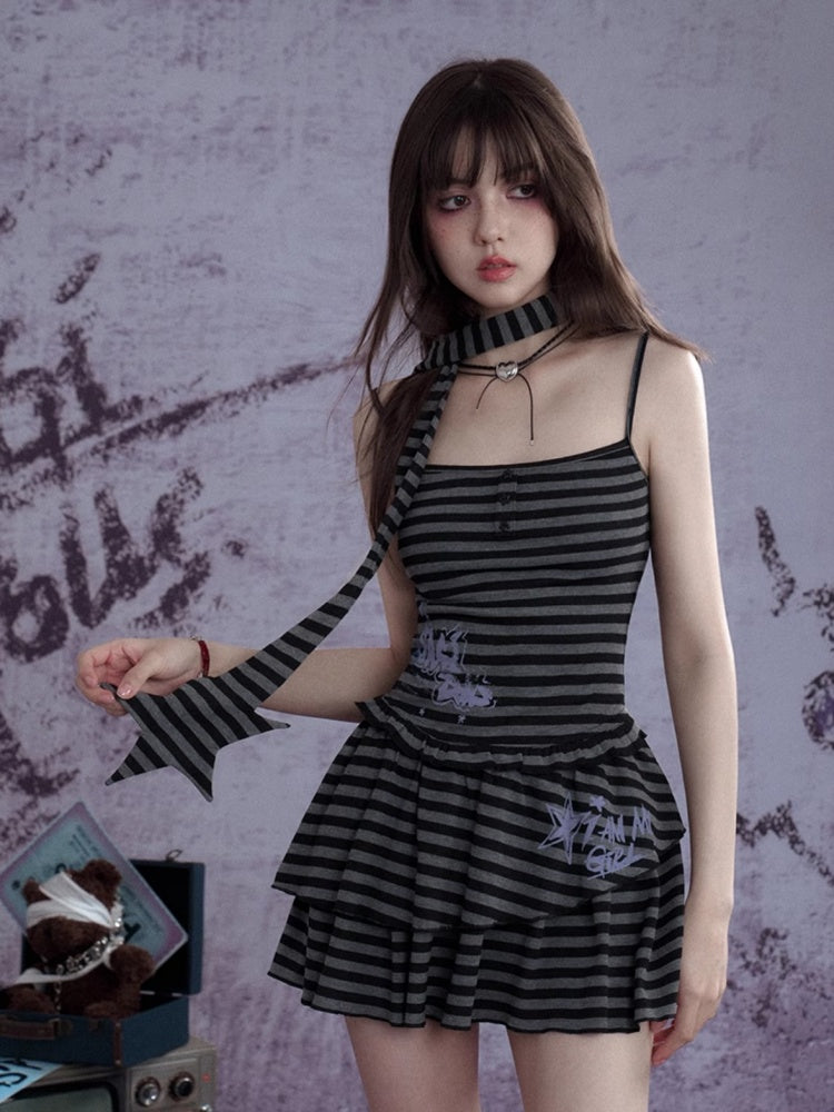 Striped Dress Shorts Scarf Three-Piece Set【s0000013115】