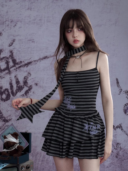 Striped Dress Shorts Scarf Three-Piece Set【s0000013115】