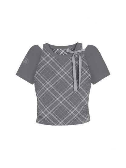Check Shoulder Cut-Out Bow T-Shirt【s0000013117】