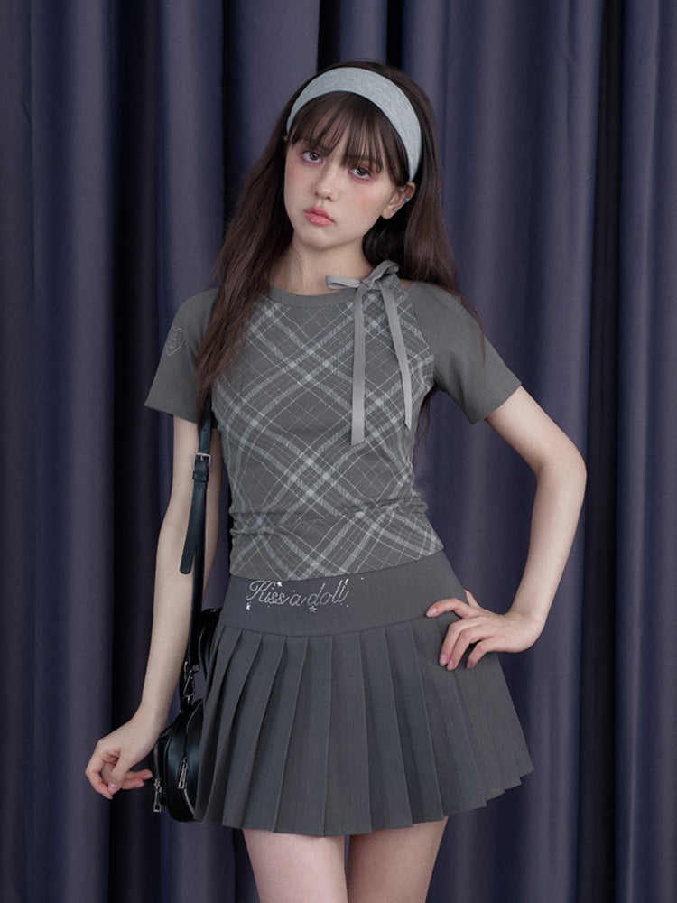 Check Shoulder Cut-Out Bow T-Shirt【s0000013117】