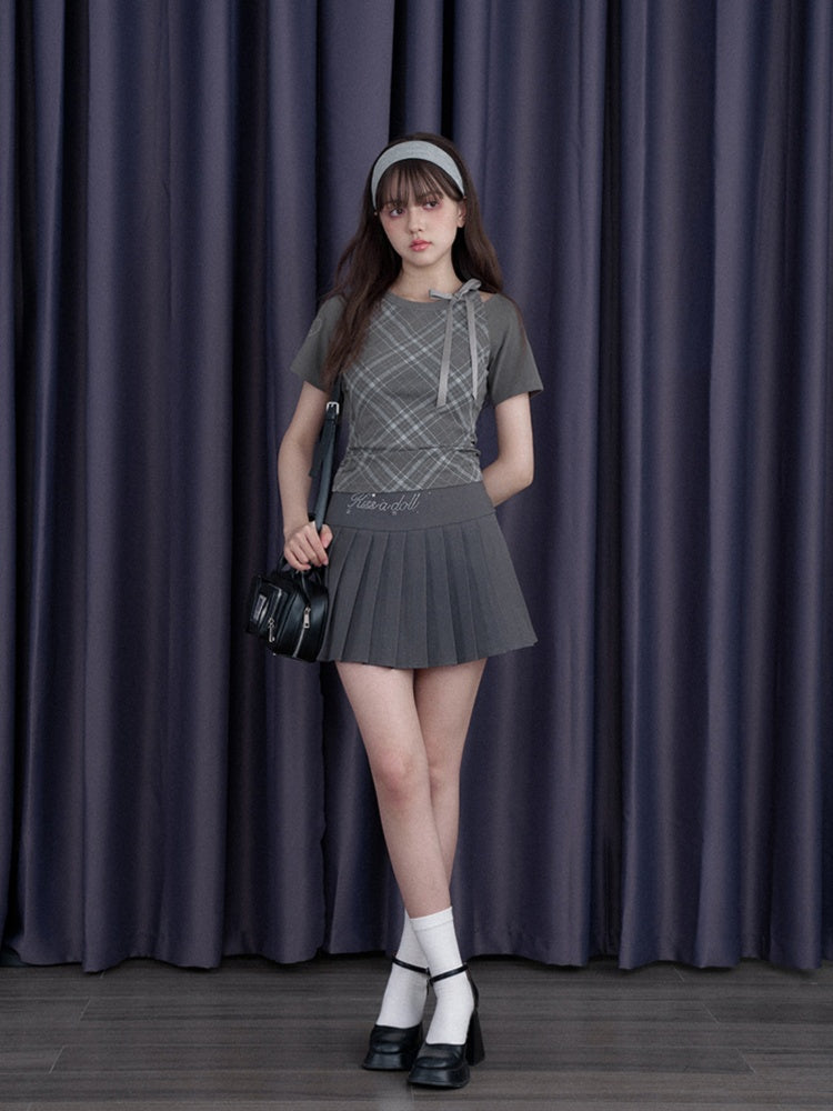Check Shoulder Cut-Out Bow T-Shirt【s0000013117】