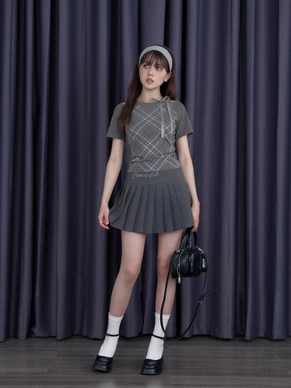 Check Shoulder Cut-Out Bow T-Shirt【s0000013117】