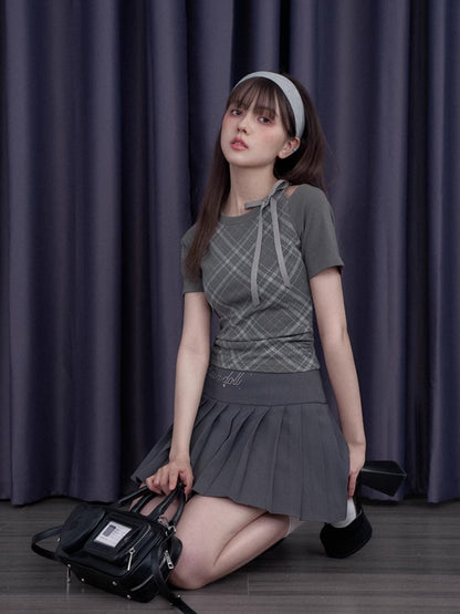 Check Shoulder Cut-Out Bow T-Shirt【s0000013117】