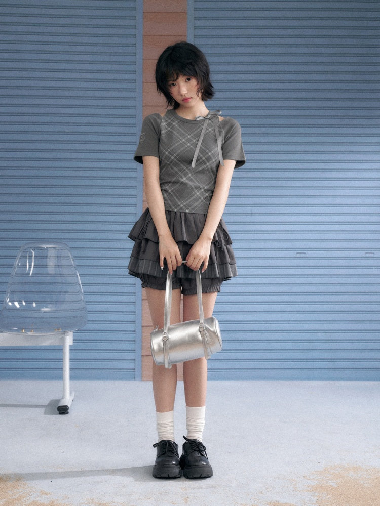 Check Shoulder Cut-Out Bow T-Shirt【s0000013117】