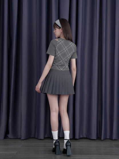 Check Shoulder Cut-Out Bow T-Shirt【s0000013117】