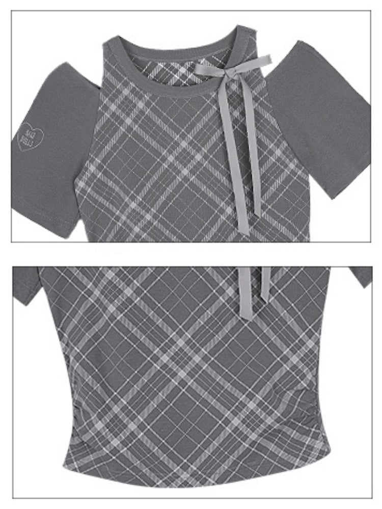 Check Shoulder Cut-Out Bow T-Shirt【s0000013117】