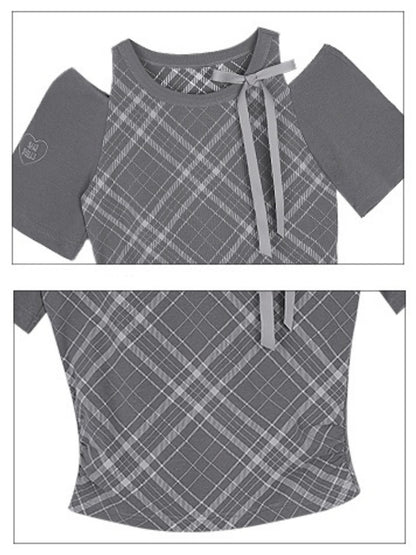 Check Shoulder Cut-Out Bow T-Shirt【s0000013117】