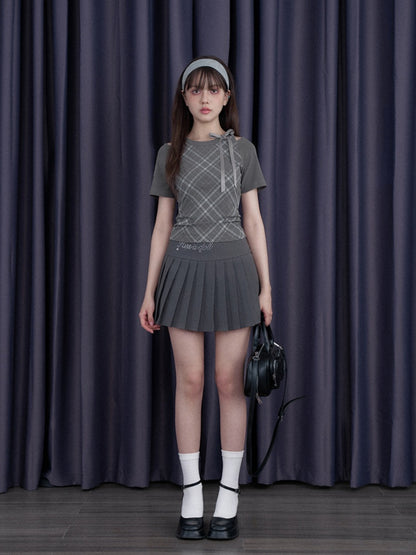 Check Shoulder Cut-Out Bow T-Shirt【s0000013117】