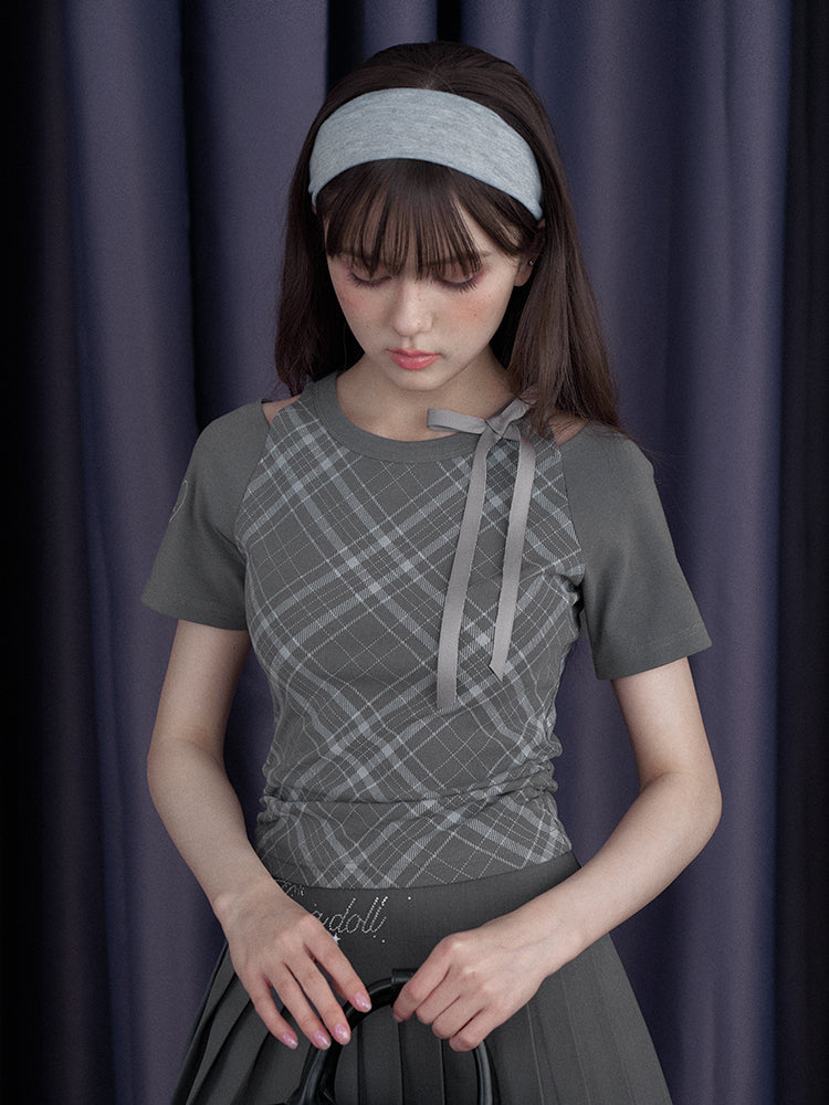 Check Shoulder Cut-Out Bow T-Shirt【s0000013117】