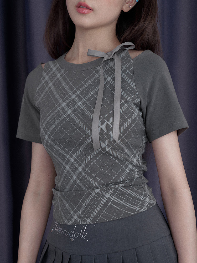 Check Shoulder Cut-Out Bow T-Shirt【s0000013117】