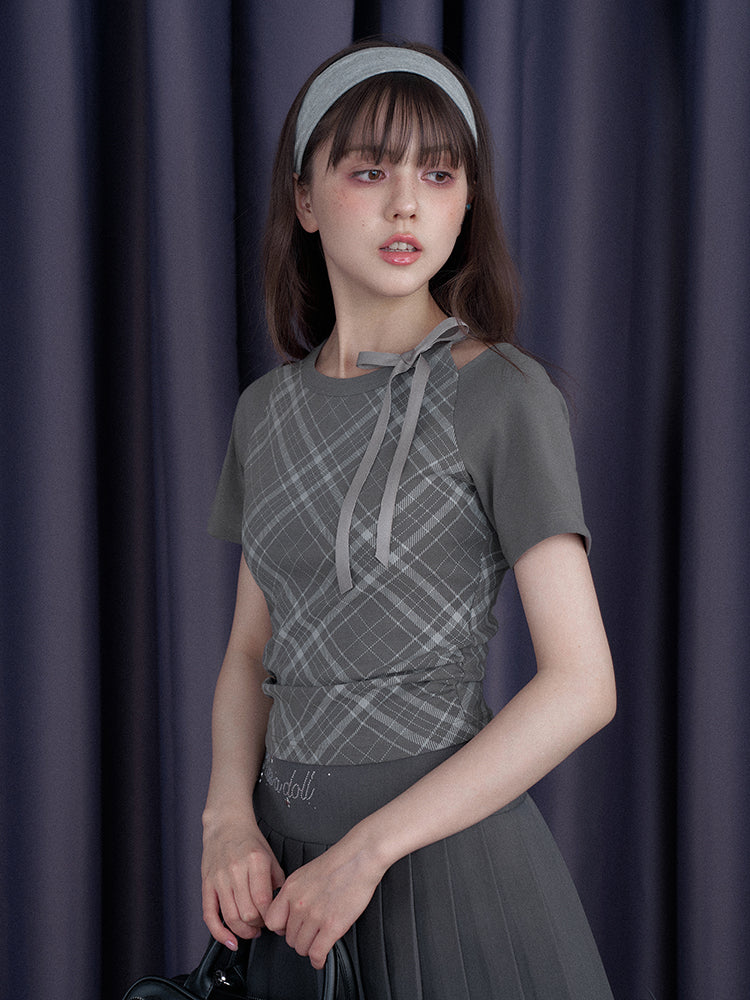 Check Shoulder Cut-Out Bow T-Shirt【s0000013117】