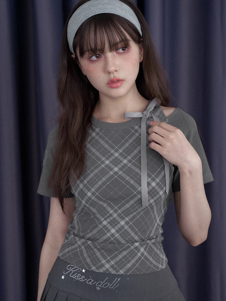 Check Shoulder Cut-Out Bow T-Shirt【s0000013117】