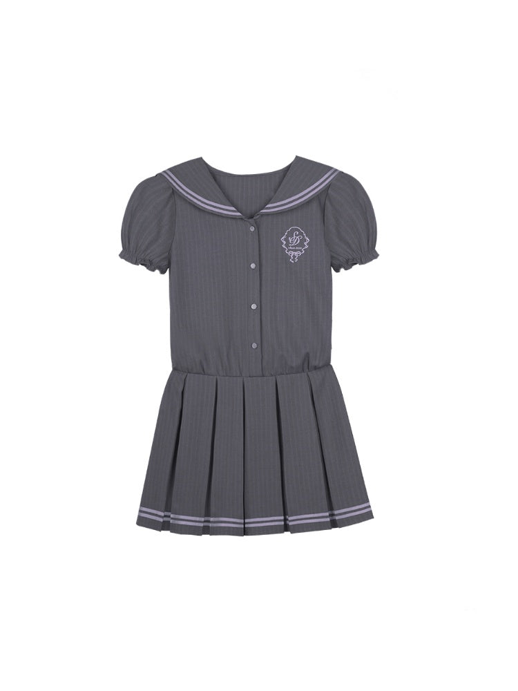 Emblem Embroidered Sailor Collar Pleated Dress【s0000013118】