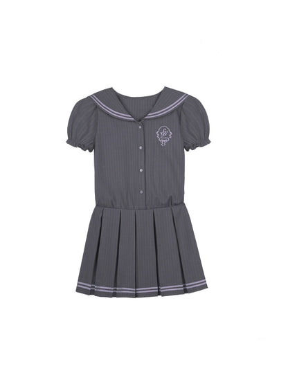 Emblem Embroidered Sailor Collar Pleated Dress【s0000013118】