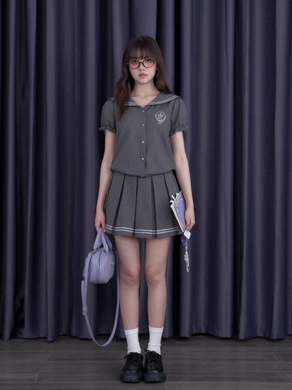 Emblem Embroidered Sailor Collar Pleated Dress【s0000013118】