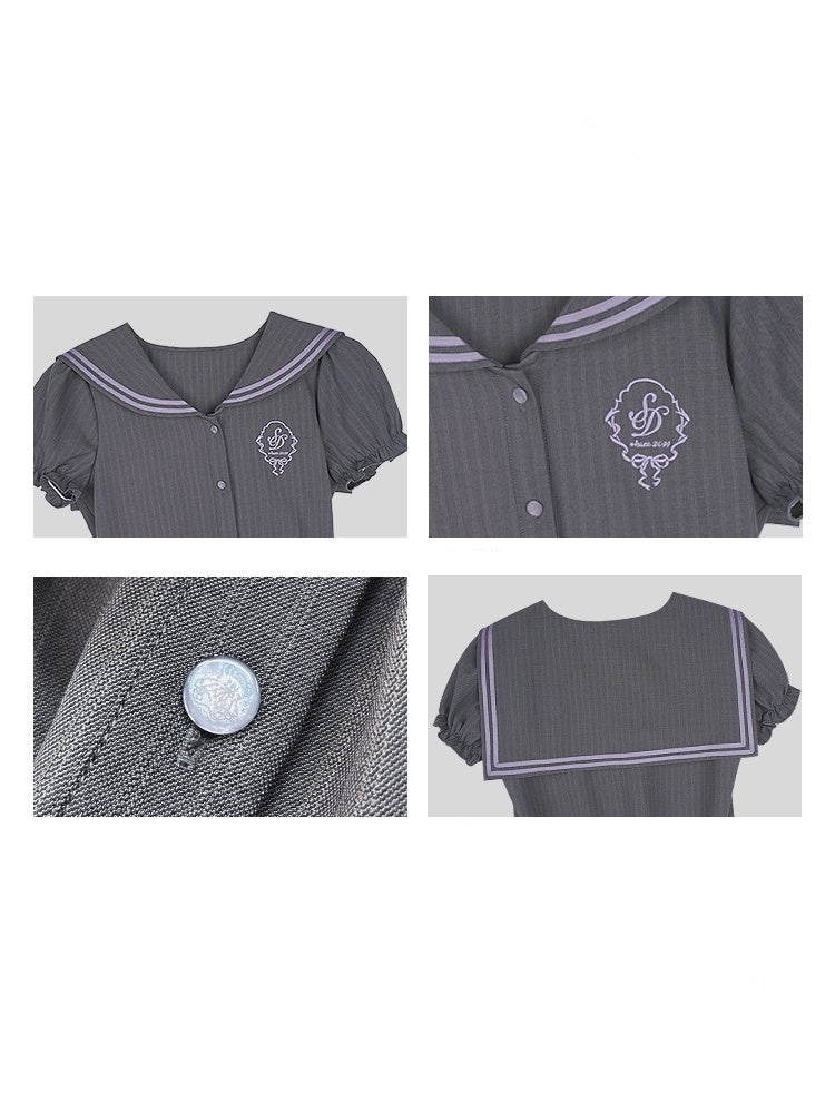 Emblem Embroidered Sailor Collar Pleated Dress【s0000013118】