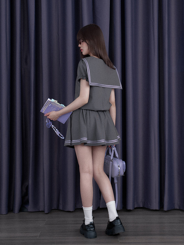 Emblem Embroidered Sailor Collar Pleated Dress【s0000013118】