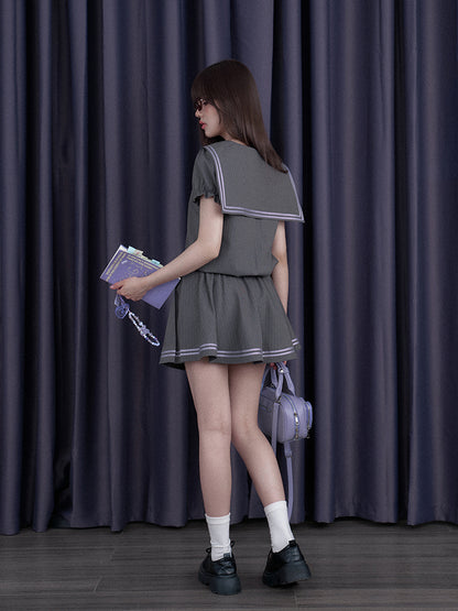 Emblem Embroidered Sailor Collar Pleated Dress【s0000013118】