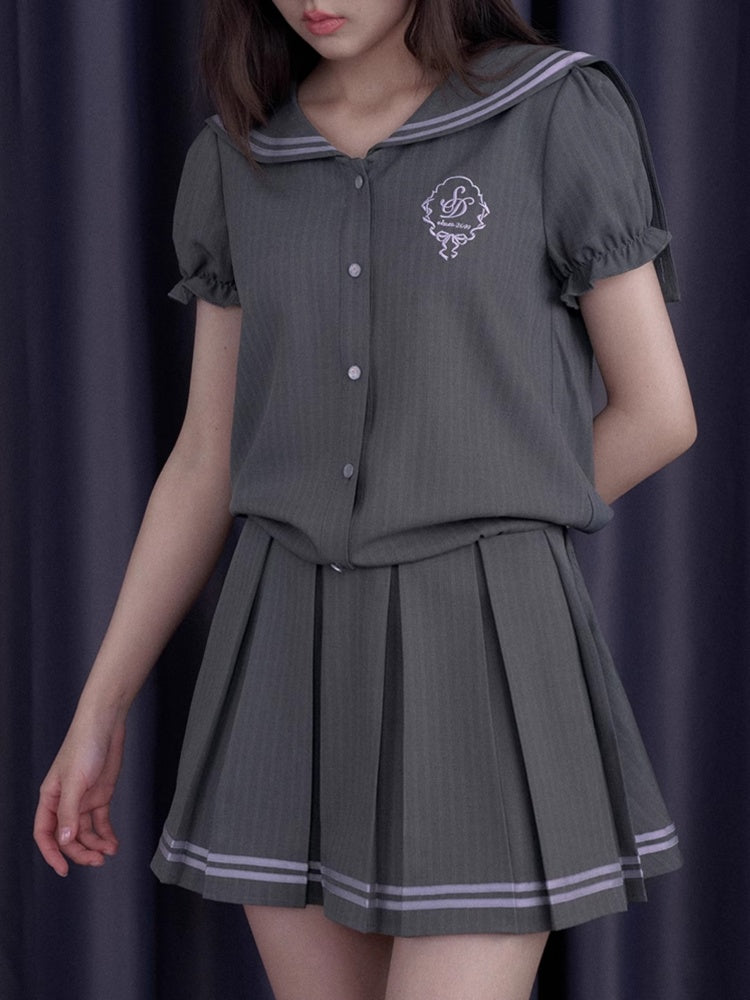 Emblem Embroidered Sailor Collar Pleated Dress【s0000013118】