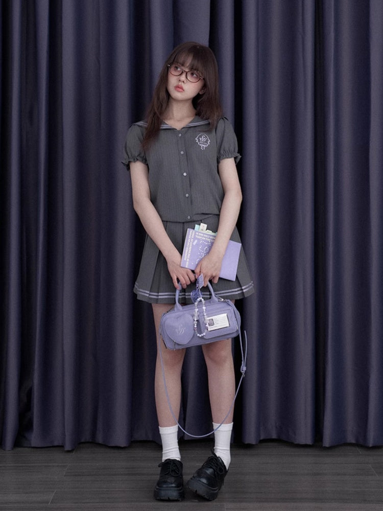 Emblem Embroidered Sailor Collar Pleated Dress【s0000013118】