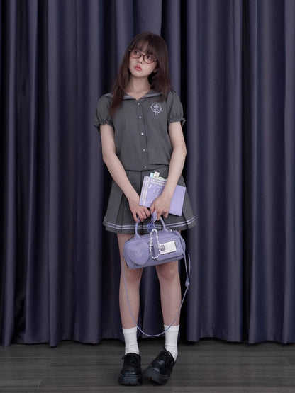 Emblem Embroidered Sailor Collar Pleated Dress【s0000013118】