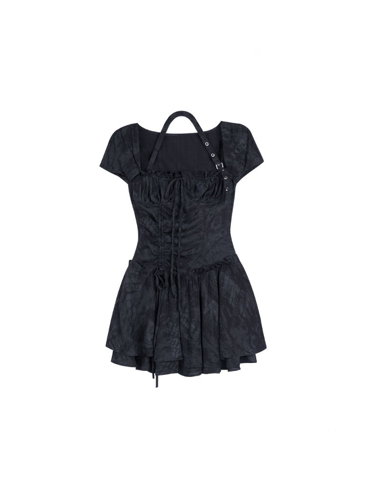 Buckle Strap Shirred Mini Dress【s0000013119】
