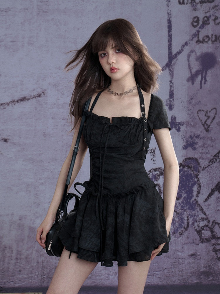 Buckle Strap Shirred Mini Dress【s0000013119】