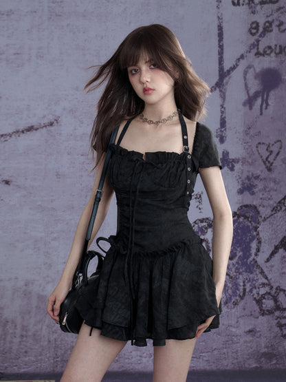 Buckle Strap Shirred Mini Dress【s0000013119】