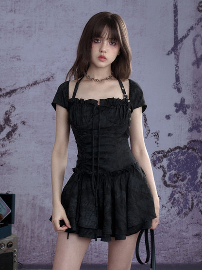 Buckle Strap Shirred Mini Dress【s0000013119】