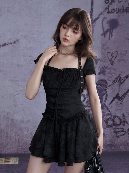 Buckle Strap Shirred Mini Dress【s0000013119】