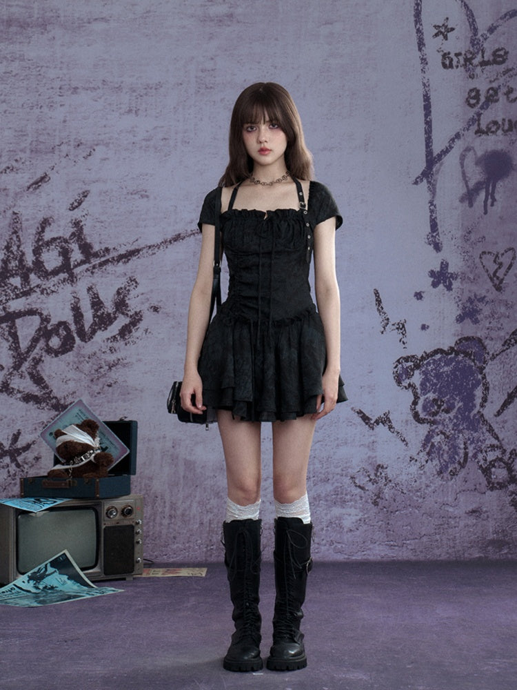 Buckle Strap Shirred Mini Dress【s0000013119】