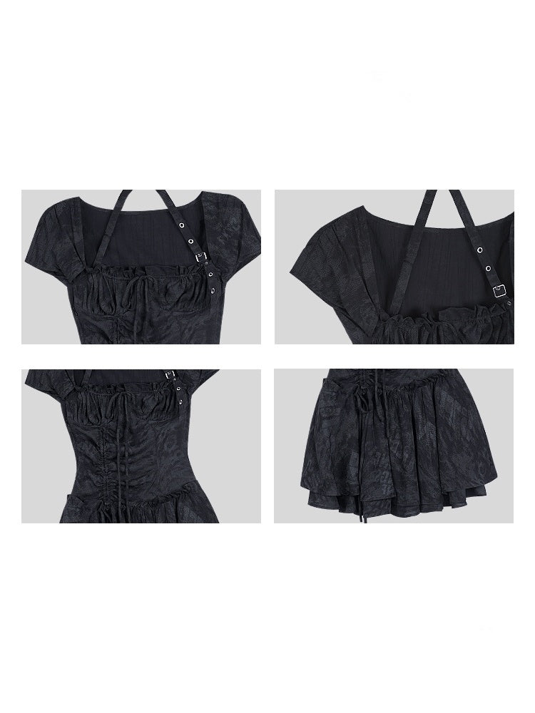Buckle Strap Shirred Mini Dress【s0000013119】