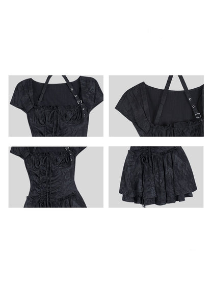 Buckle Strap Shirred Mini Dress【s0000013119】