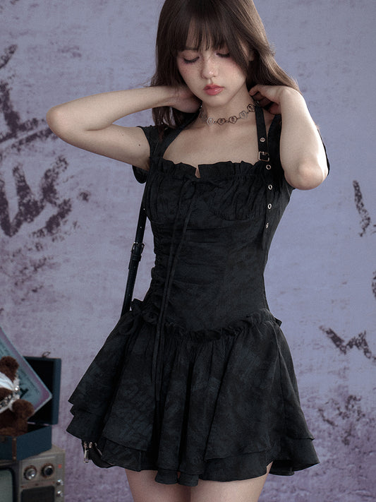 Buckle Strap Shirred Mini Dress【s0000013119】