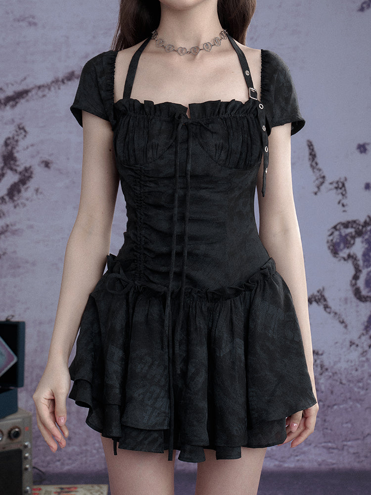 Buckle Strap Shirred Mini Dress【s0000013119】