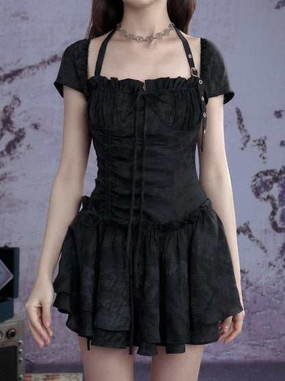 Buckle Strap Shirred Mini Dress【s0000013119】