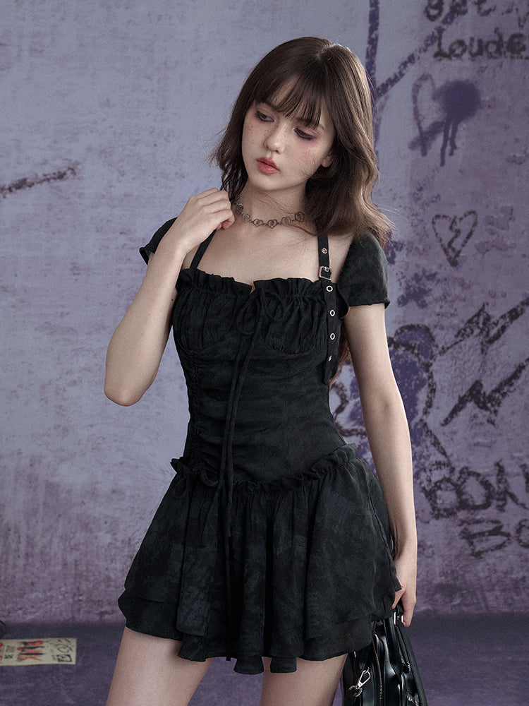 Buckle Strap Shirred Mini Dress【s0000013119】