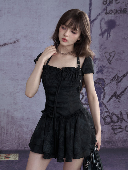 Buckle Strap Shirred Mini Dress【s0000013119】